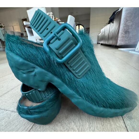 CamperLab Venga Mules Sz 38 Unisex Green Long Calf Hair Leather Clogs Slingbacks - Picture 10 of 15